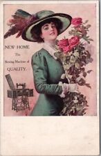 c1910s NEW HOME SEWING MACHINES Advertising Postcard Pretty Lady / Pink Roses picture
