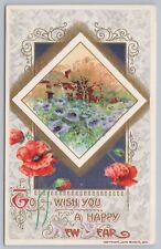 New Year~Lavender Flowers~Home In Gold Diamond~Poppies~Emb~John Winsch~1912 PC picture