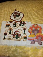Vintage 1970s MCM Mushroom Dishtowel And Hotpad Plus Mushroom Fabric Art... picture