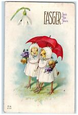 1916 Easter Anthropomorphic Chicks Umbrella With Flowers Censored WWI Postcard picture