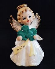 March Birthday Angel Girl Vintage MidCentury Figurine Holding Shamrock Gold Trim picture