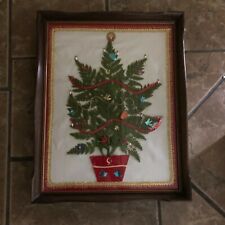 Folk Art Framed Christmas Tree Tabletop Decoration Vintage Hand Made S6 picture