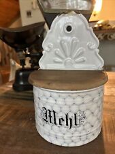 Antique German Mehl (Flour) Chicken Wire Enamelware Wall Canister Salt Box Style picture