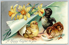 A Happy Easter To You - Flowers, Chicks in Eggshell - Tuck Postcard, Posted picture