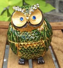 Bejeweled Crystal Owl Magnetic Trinket Box Hinged Lid Gold Emerald Green  picture