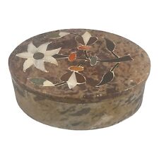 Vintage Soap Stone Floral Mother of Pearl Inlay Trinket Box 4x 3 Made In India picture
