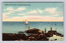 Crescent Beach CT-Connecticut, Fishing Off The Rocks, Antique, Vintage Postcard picture