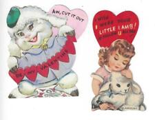 Vintage Valentine Lot of 2 Lovely Young Girl Long Eyelashes Holding Lamb Sheep  picture