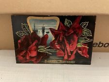Vtg Postcard Embossed Happy Birthday Red Roses & Ships Unused picture