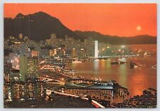 Victoria Hong Kong~Red Sky Dusk Scene~Harbor~Victoria Peak~Continental Postcard picture