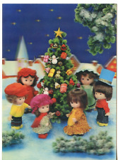 Dolls Around Outdoor Christmas Tree-Fantasy Vintage 3 D Lenticular Postcard picture