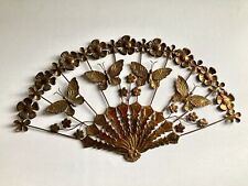 Vtg MCM Ornate Metal Fan Wall Decor Butterfly Dogwood Flower Brass Copper Tones picture