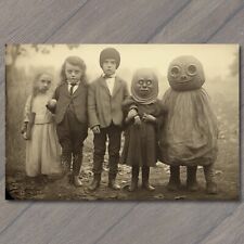 POSTCARD Weird Creepy Vintage Masks Halloween Cult Unusual Group Kids picture