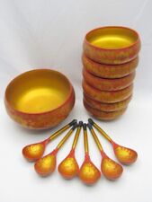 Vintage Hohloma Soviet USSR Russian Wooden Hand Painted Flowers Bowls Spoons Set picture