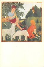 c.1923 sgd. Herta Breit Boy & Girl with Sheep postcard Cizek's Vienna Art School picture