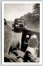 Camp Roberts California~155 mm Guns on Road~Trucks~WWII 1940s B&W Postcard picture