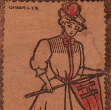 c.1907 Leather Postcard Harvard Crimson University Woman w/ Pennant Hand Colored picture