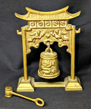 Vtg Pagoda Temple Bell Gong & Mallet Solid Brass Asian Dragon Made in Korea picture