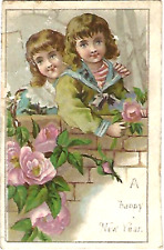 Antique Happy New Year Card Victorian Children Boys Girls Pink Roses Flowers picture