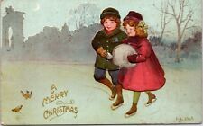 C.1910 Rotograph Christmas Adorable Boy & Girl Hand Muff Ice Rink Postcard  A116 picture