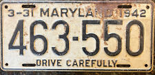 1942 Maryland License Plate Metal Year Tab on 1942 WWII 