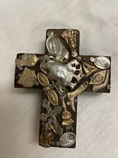 VTG Handmade Cross in Wood With Silver Milagros 3.5” X3” Made In Mexico picture