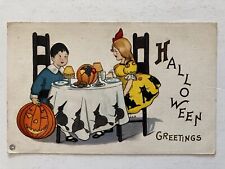 Halloween Postcard Stecher Children With Snacks Witch Tablecloth Embossed Posted picture