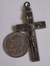 Antique Vtg Religious rosary crucifix pendant INRI wood inlay picture