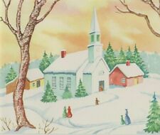 VTG 1940'S SNOWY CHRISTMAS VILLAGE CHURCH SCENE WATER COLOR GREETING CARD UNUSED picture