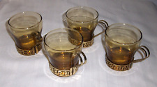 4 VINTAGE LIBBEY AMBER CONTINENTAL COFFEE CUPS GREEK KEY DESIGN METAL HOLDERS picture