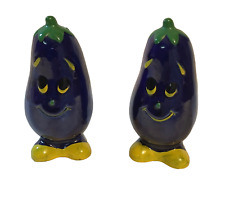 Vintage Anthropomorphic Purple Smile Eggplant Aubergine Salt & Pepper Shakers picture