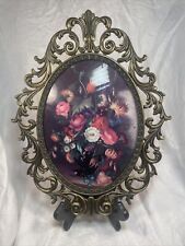 Vintage Brass Oval Ornate Convex Glass Flowers Picture Frame Made In Italy 13.5” picture
