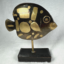 Vintage Hand Made Brass Fish Statue on Wooden Stand Made in India picture