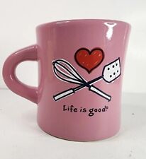 Life is Good Home Pink Pottery Coffee Mug Red Heart, Spatula & Whisk picture