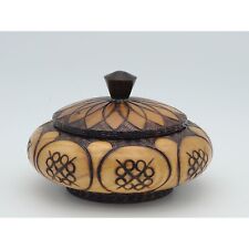 Wood Trinket Jewelry Box Pyrography Hand Carved Round Bowl Lid Folk Art picture