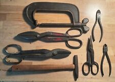 Antique Vintage Tool Lot of 7, C Clamp, Hammer, Tin Snips, Pliers picture