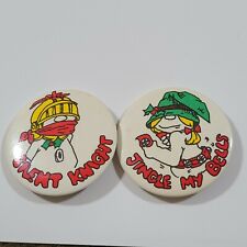 2 Vintage Naughty Novilty Christmas Button Pins Silent Knight & Jingle My Bells picture