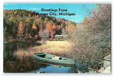  Traverse City Michigan Postcard Greeting's From Lake Scene Row Boat House picture