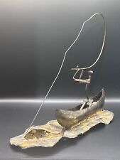 1973 Artist Signed Copper Metal Fisherman Sculpture Brutalist Mid Century Modern picture