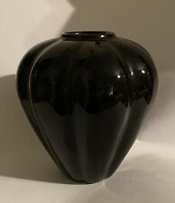 Vintage Retro Haeger Black Ribbed Floral Pottery Vase Art Deco 8”tall picture