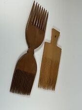 2 Vintage African Wooden Hand Carved Hair Combs Ornament Pick  picture