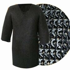 Solid Ring with Flat Riveted XXXL Loge Sleeve Chainmail Black HAUBERK Shirt picture