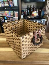 Asian Woven Basket With Leather Strap Attached Handles picture