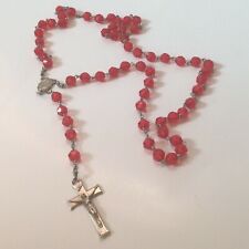 Vtg Red Plastic Translucent Beads Silvertone Metal Crucifix Christianity Jesus  picture