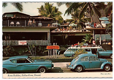 Hukilau Hotel w VW Bug Mustang Vintage Cars Parked Bar Kailua Kona Postcard 1969 picture