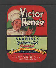 1940s VICTOR RENEE SARDINES WEST PEMBROKE ME Unused CAN LABEL  2 3/4