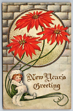 New Years Greeting Winter Girl With Red Flowers 1915 Morristown NJ VTG Postcard picture
