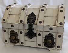 PIRATE WOODEN White TREASURE CHEST with SKULL LATCHES & Red Velvet Lining 9x7x6