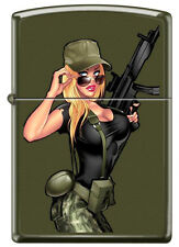 Sexy Military Lady Pin Up with a Gun Green Matte Zippo Lighter picture