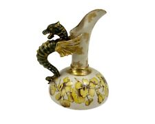 Antique Ceramic Ewer, Sea Dragon Handle, Bohemian Pitcher Yellow Flowers Austria picture